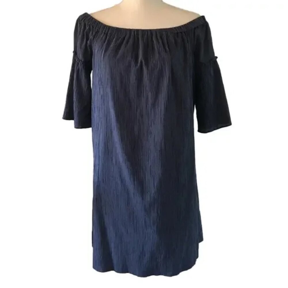 Madewell Striped Bell Sleeve Off the Shoulder Dress Blue Navy 2